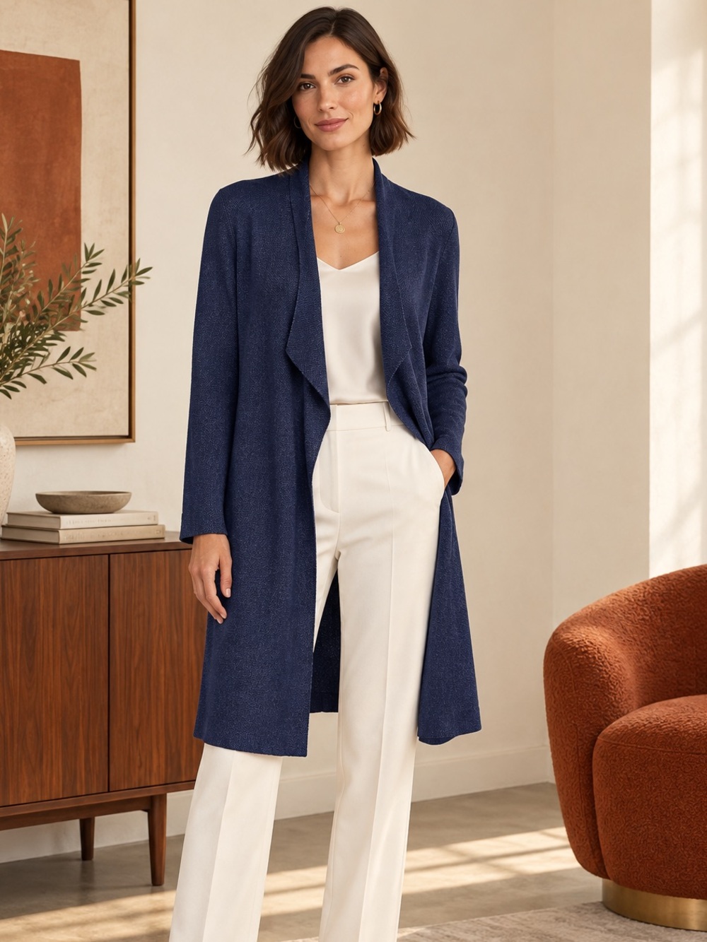Saks Fifth Avenue XS Blue Longline Open Front Duster Cardigan